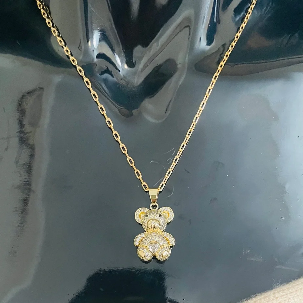 Iced Out Teddy Bear Paperclip Necklace 18K Yellow Gold Filled NWOT